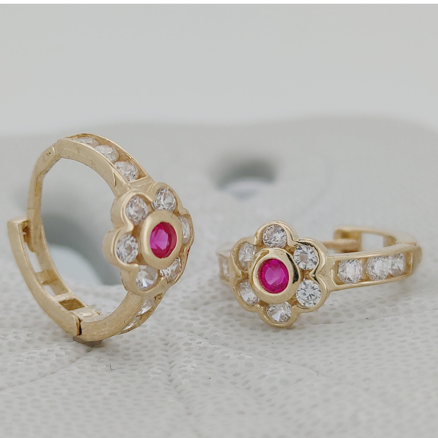 14K Solid Gold Flower-Embossed Earrings with Pink & Clear CZ β Dainty Floral Sparkle