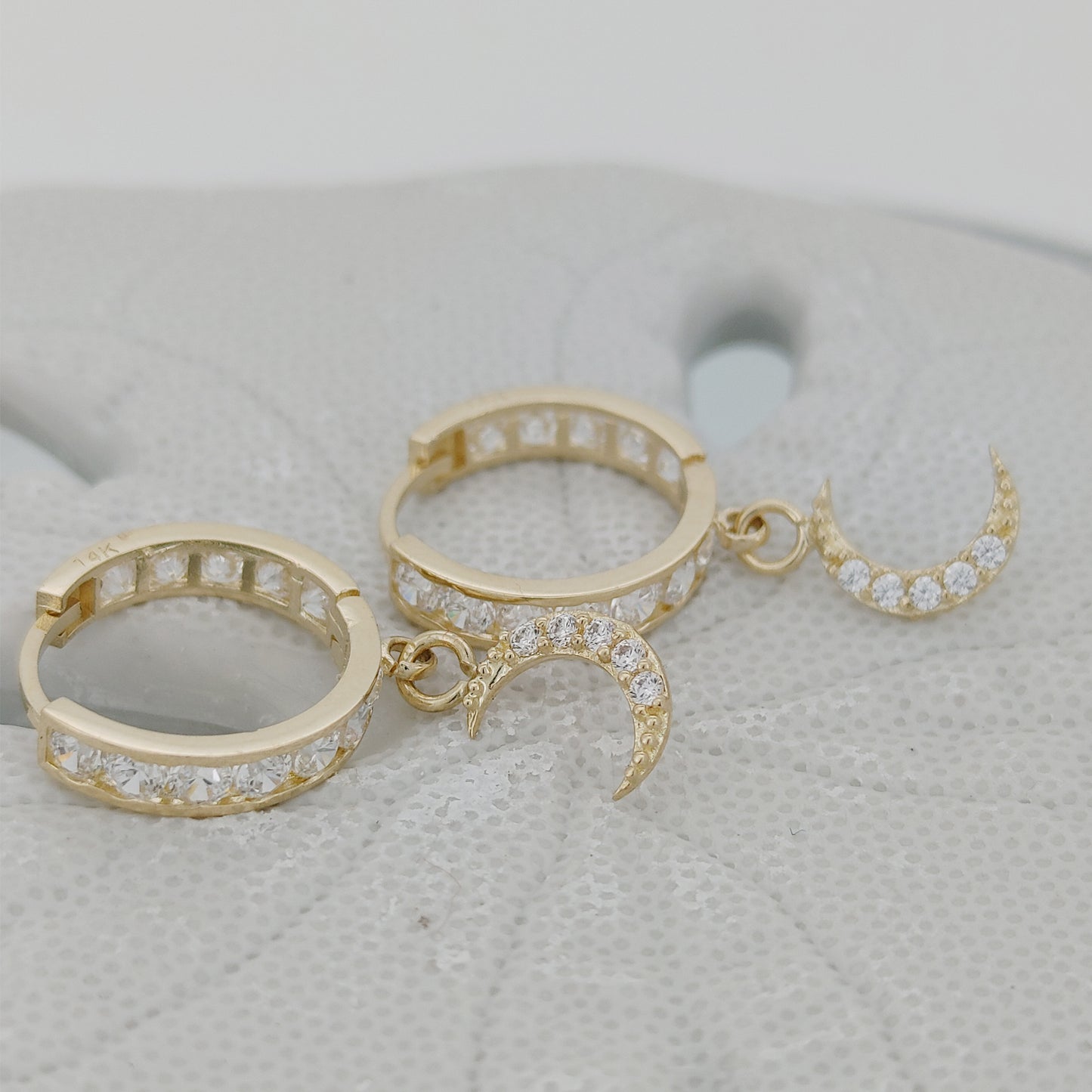 14K Gold Moon Dangle Earrings β Cubic Zirconia Accents for Starry Charm