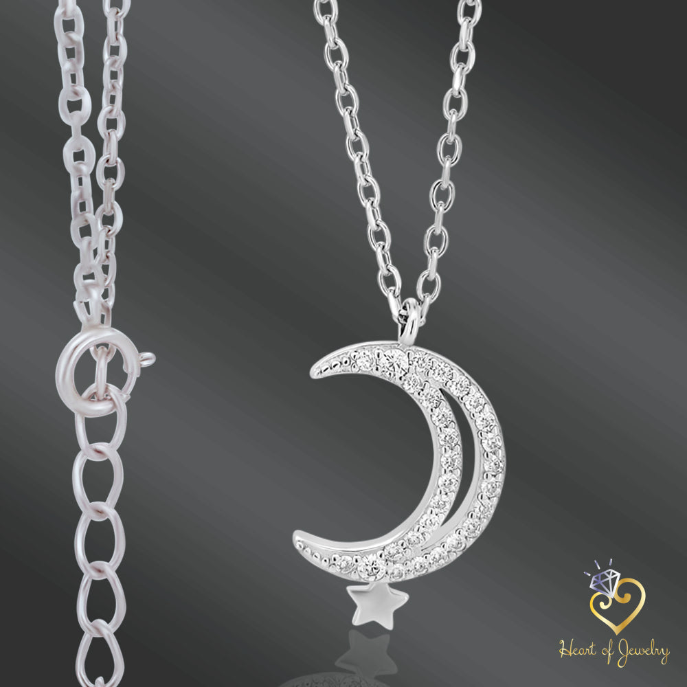Crescent Moon & Star Necklace in 925 Sterling Silver β 16" + 1" Adjustable Cable Link Chain