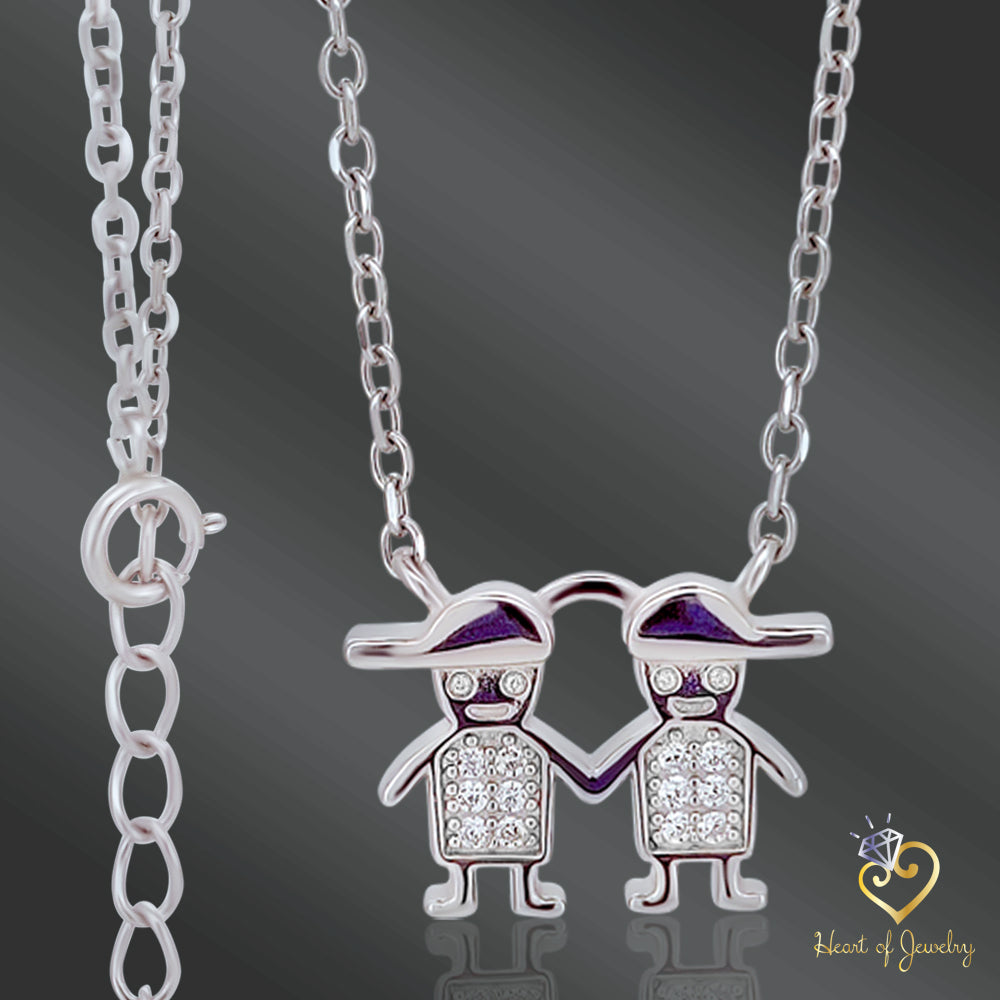 Two Little Boy Pendant Necklace in 925 Sterling Silver β 16" + 1" Adjustable Cable Link Chain