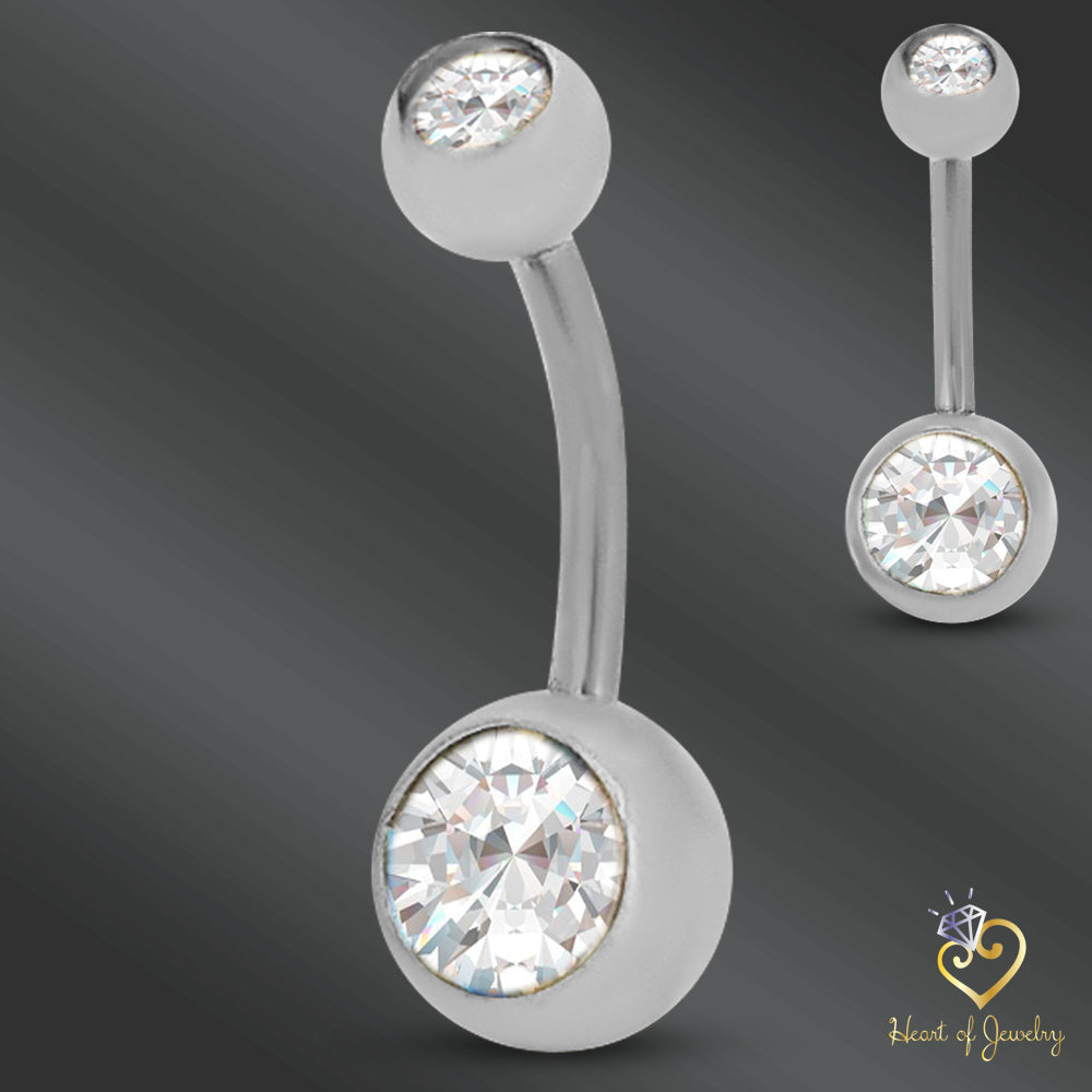 316L Surgical Steel Double Gem Cubic Zirconia Belly Navel Ring Clear Color - 8x5mm Ball - 14g Thickness - 11mm Length
