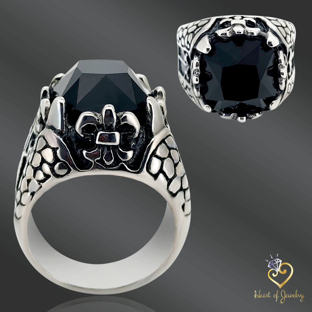Faceted Onyx Square Gem Royal Fleur De Lis Dragon Claw Cast Ring Stainless Steel