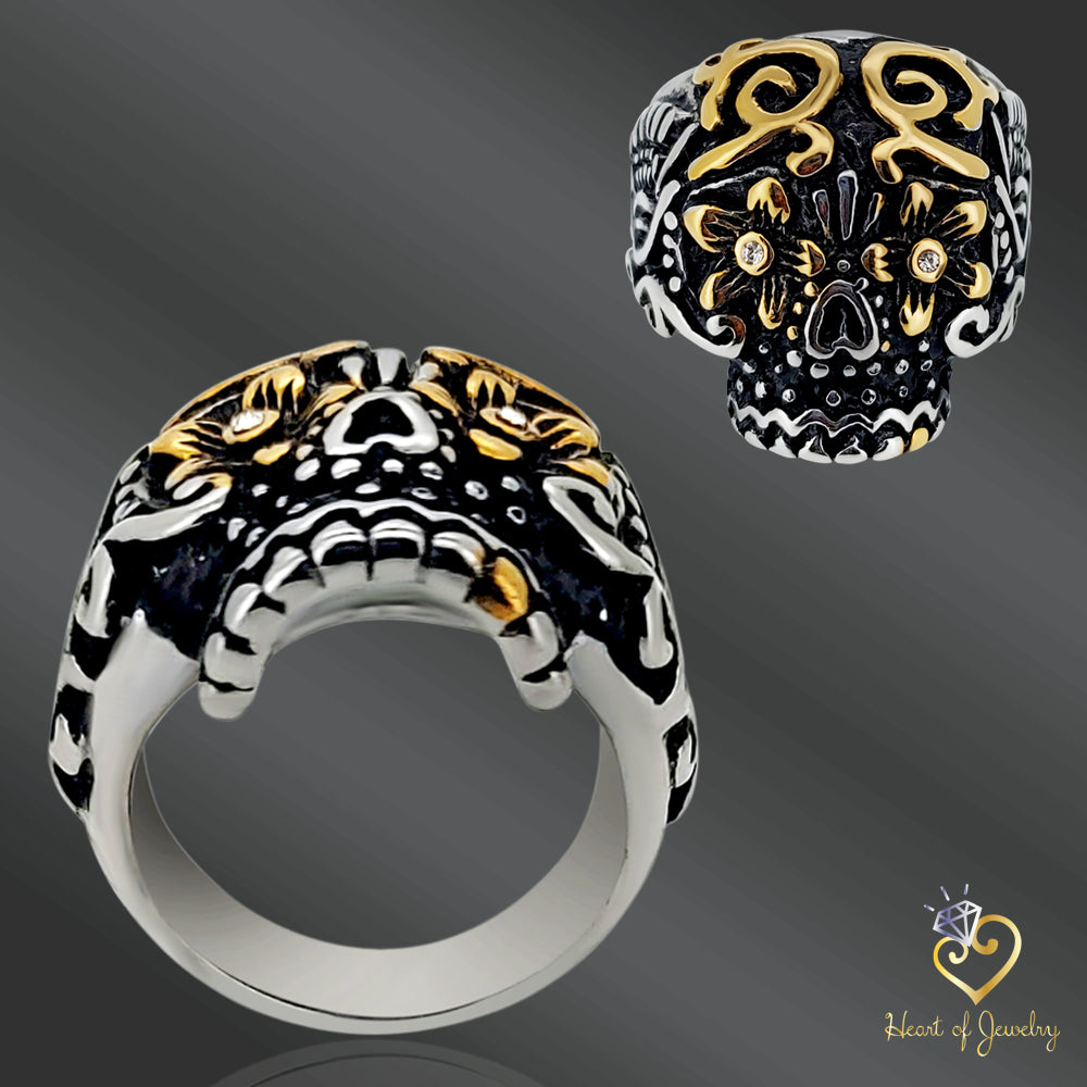 Day of the Dead Sugar Skull with Gold PVD Plated Floral Eyes Stainless Steel Casting Rings