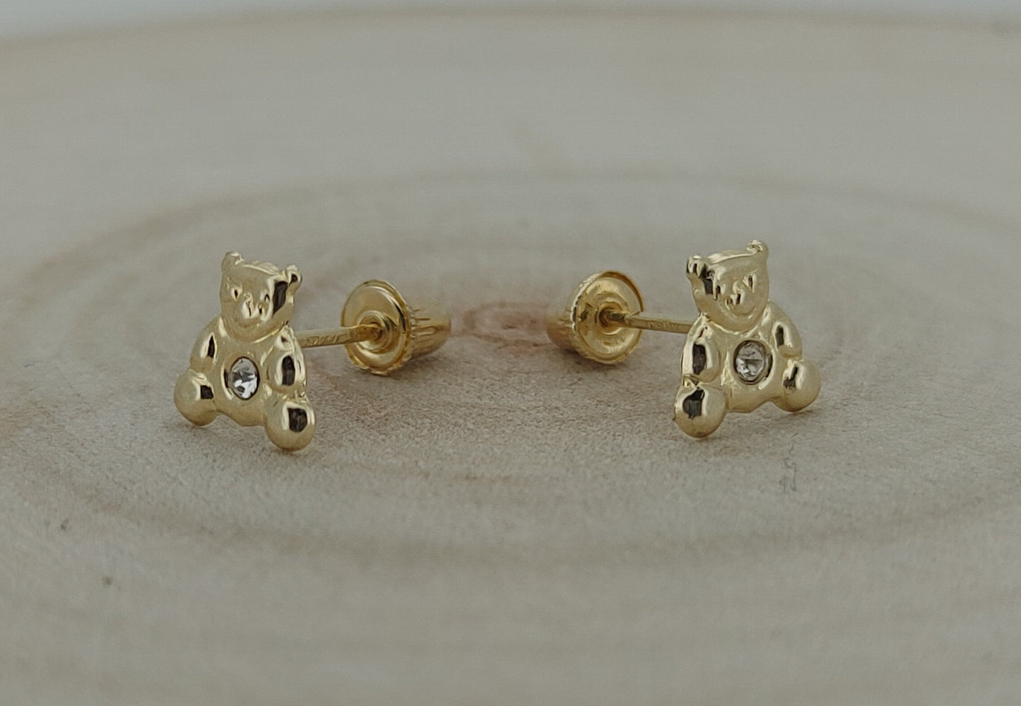 14K Solid Gold Baby Bear Earrings with Cubic Zirconia – Adorable & Safe for Infants