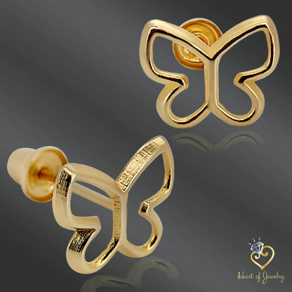 14K Solid Gold Hollow Butterfly Baby Earrings – Dainty Design with Secure Screw Backs