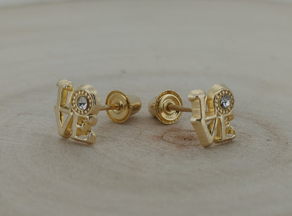 14K Solid Gold Love-Carved Baby Earrings with CZ – Secure Screw Backs for Little Ears