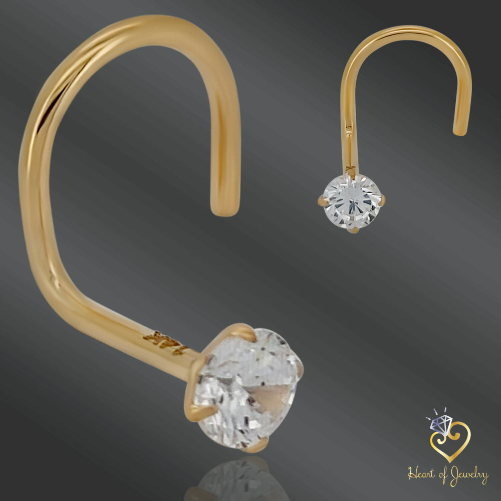 14K Gold Round Nose Stud – Prong Set, Screw Style, 20 Gauge