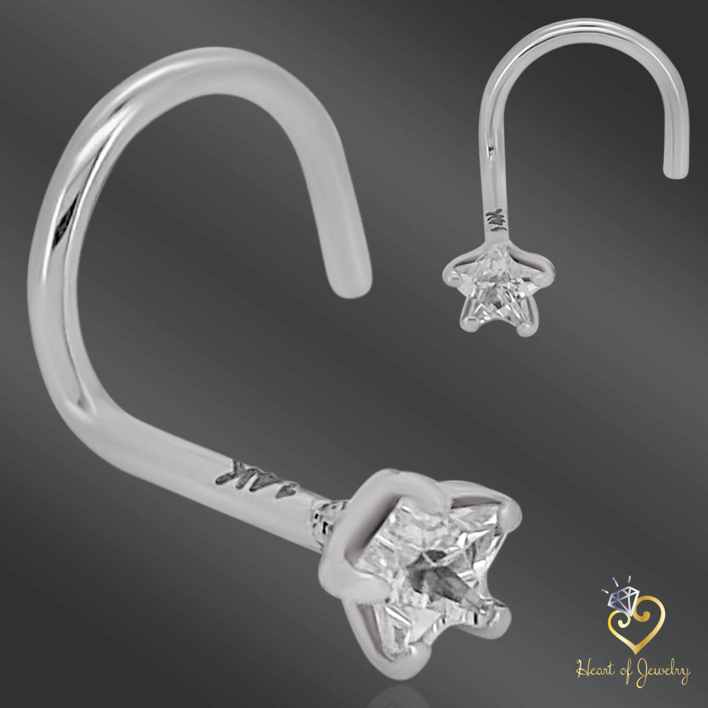 Star Prong Nose Ring in 14K Gold with Cubic Zirconia – Screw Style, 20g