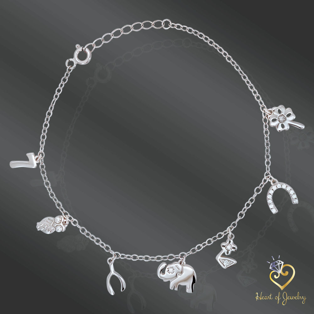 Lucky Symbol Charm Bracelet in 925 Sterling Silver – 6.5" + 1" Adjustable Length