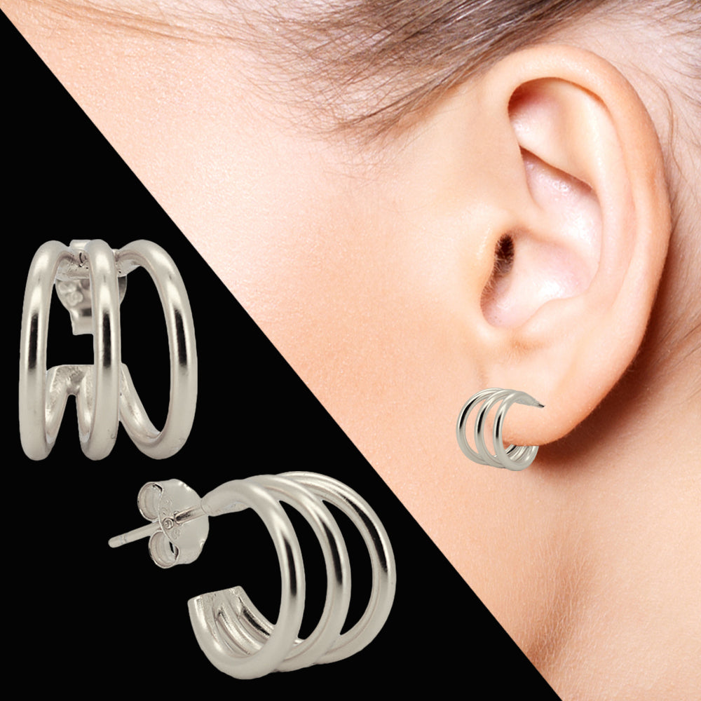 Multilayer C-Shaped Hoop Earrings in 925 Sterling Silver – Sleek Contemporary Style