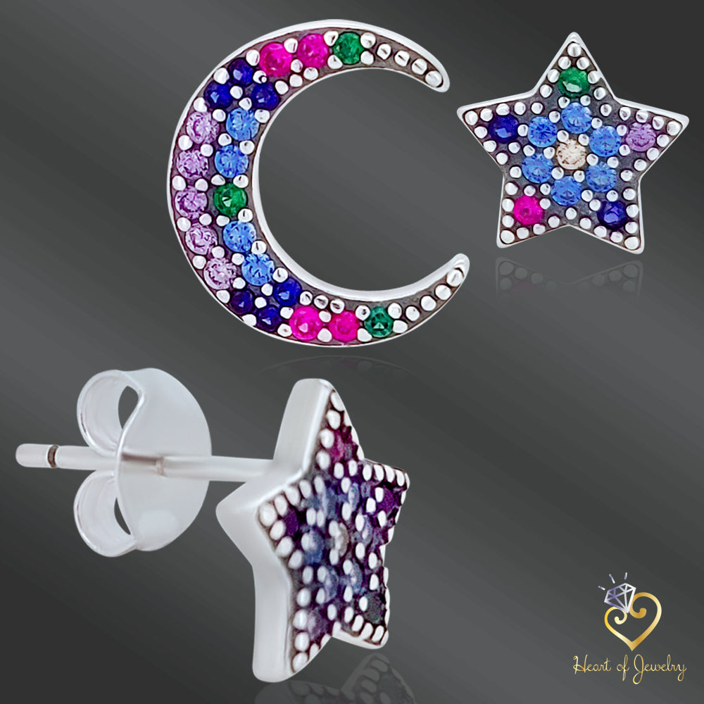 925 Silver Crescent Moon and Star Earrings – Dreamy Design with Classic Butterfly Backing