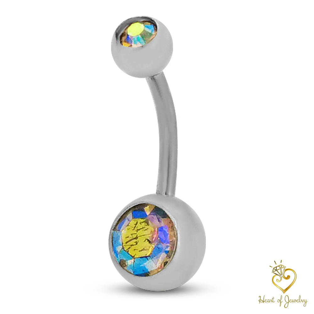 316L Surgical Steel Double Gem Cubic Zirconia Belly Navel Ring  Clear Color - 8x5mm Ball - 14g Thickness - 11mm Length