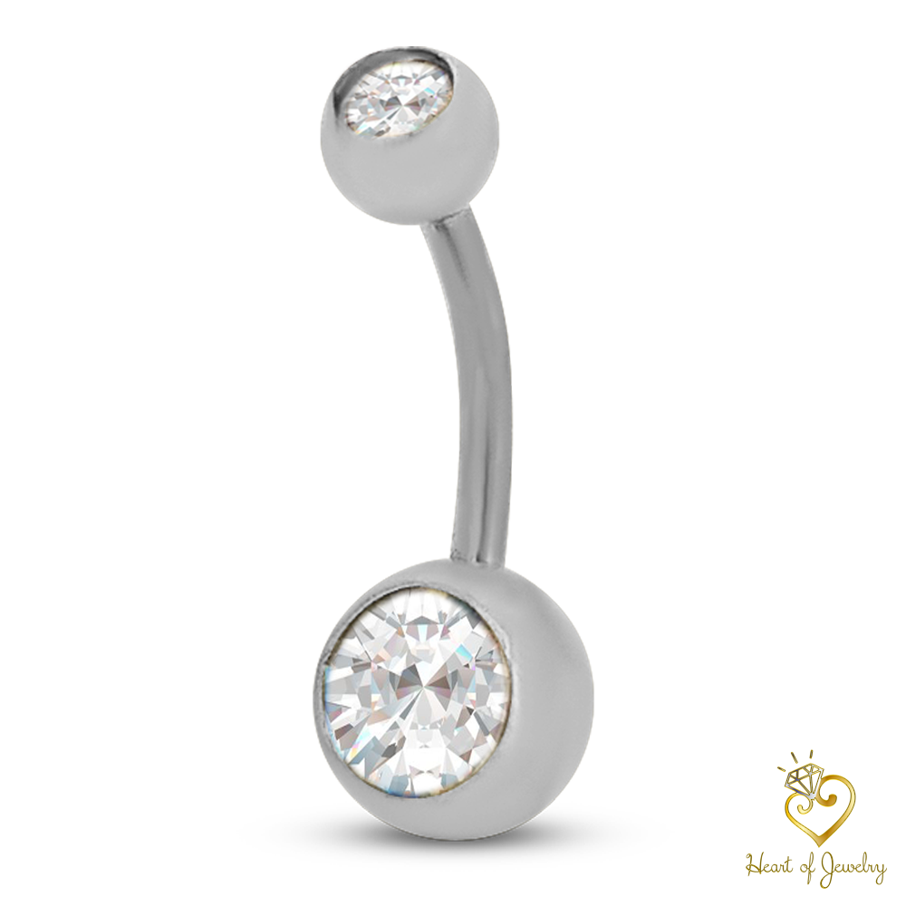 316L Surgical Steel Double Gem Cubic Zirconia Belly Navel Ring  Clear Color - 8x5mm Ball - 14g Thickness - 11mm Length