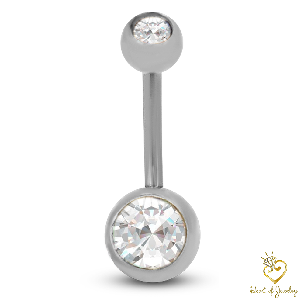 316L Surgical Steel Double Gem Cubic Zirconia Belly Navel Ring  Clear Color - 8x5mm Ball - 14g Thickness - 11mm Length